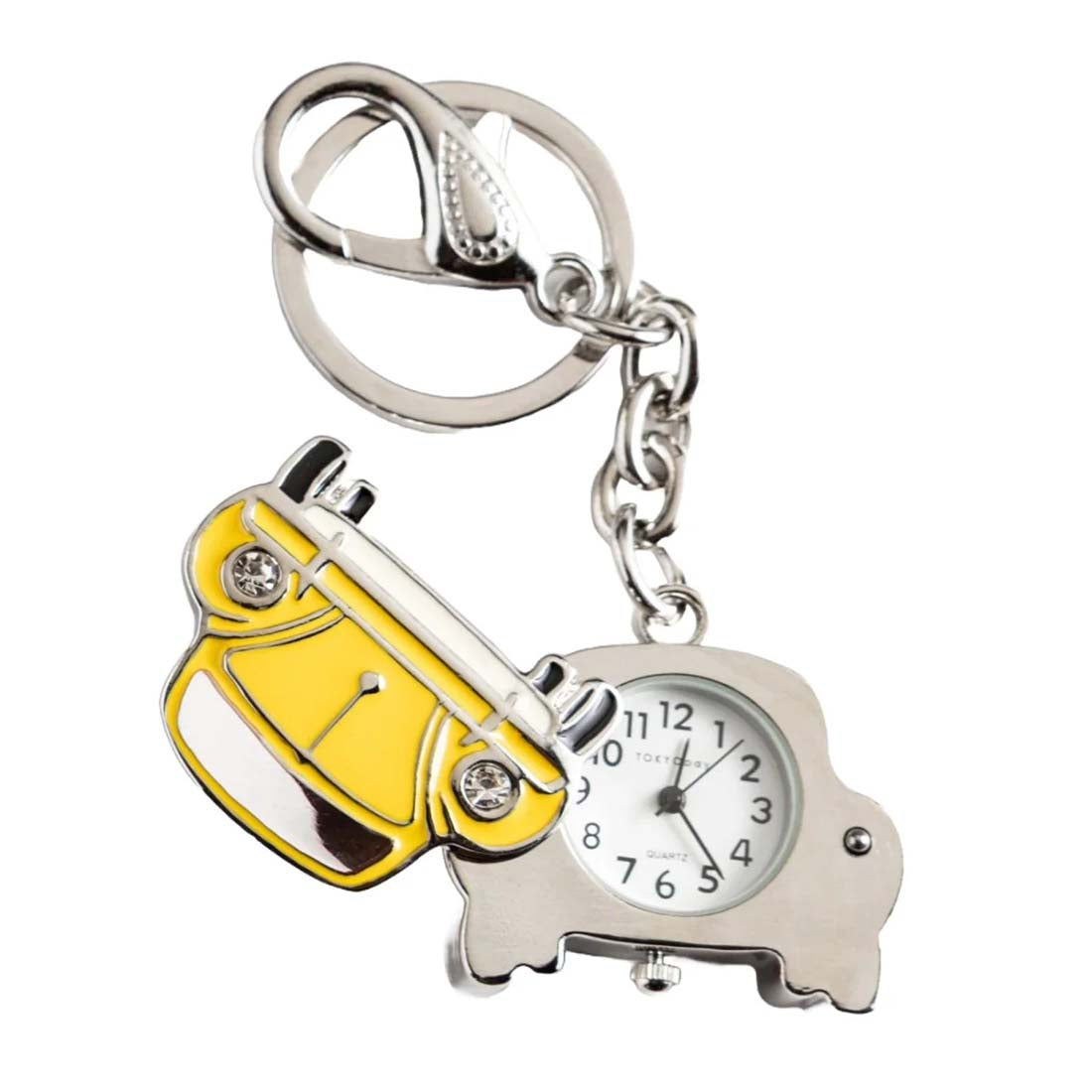 Keychain with yellow scooter and clock design on a white background