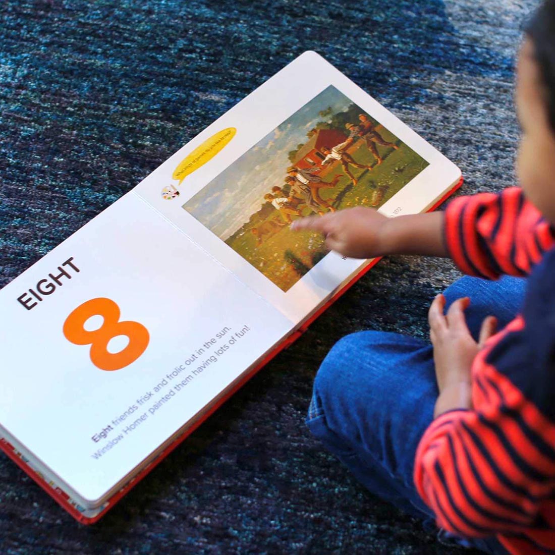 A colorful children's book titled '123s of Art' by Sabrina Hahn, featuring large, bold letters in various colors on a red background.