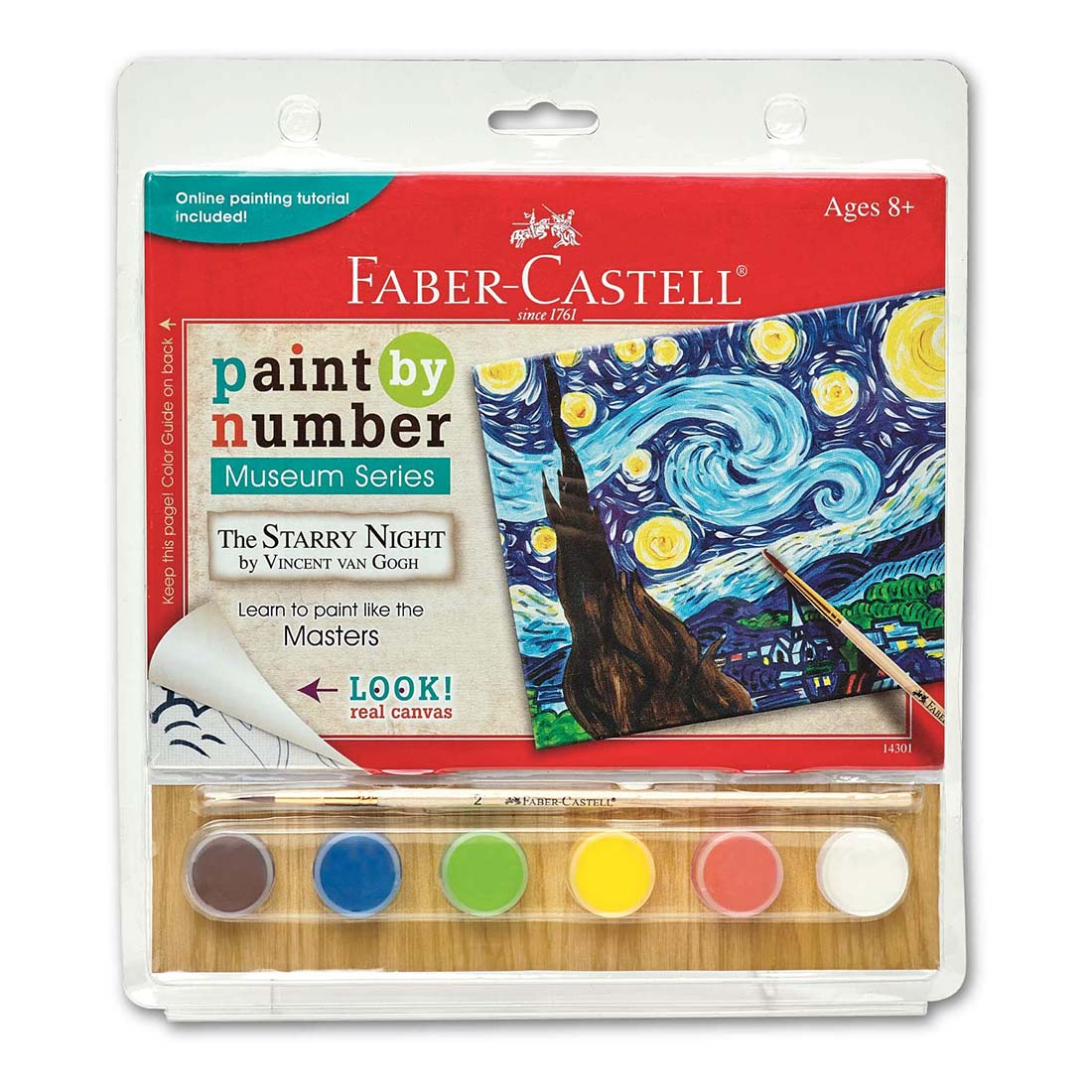 Packaging for Faber-Castell Paint by Number kit featuring 'The Starry Night' by Vincent van Gogh. The kit includes a canvas, brush, and six paint colors displayed on the front.