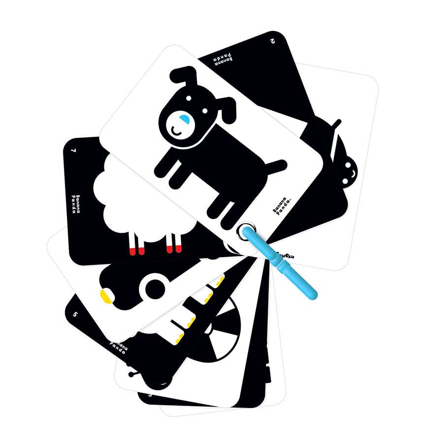 Packaging for 'High Contrast Flash Cards on a Ring' featuring a plastic ring flashcards are attached to, with a cartoon bear and text indicating the product is suitable for 3+ months old, with 10 flashcards included.