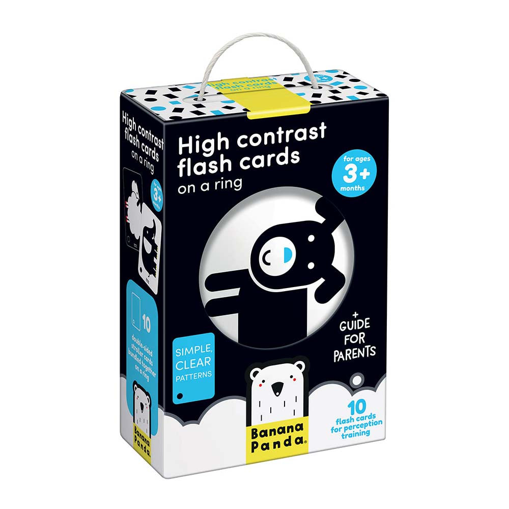 Packaging for 'High Contrast Flash Cards on a Ring' featuring a plastic ring flashcards are attached to, with a cartoon bear and text indicating the product is suitable for 3+ months old, with 10 flashcards included.