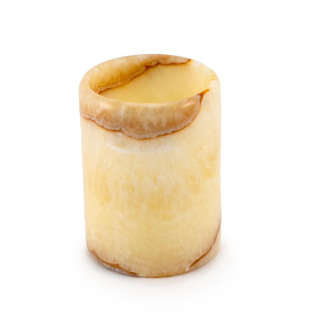 A beige, alabaster short straight vase made of yellow onyx, with a top opening and a smooth, tapered shape.