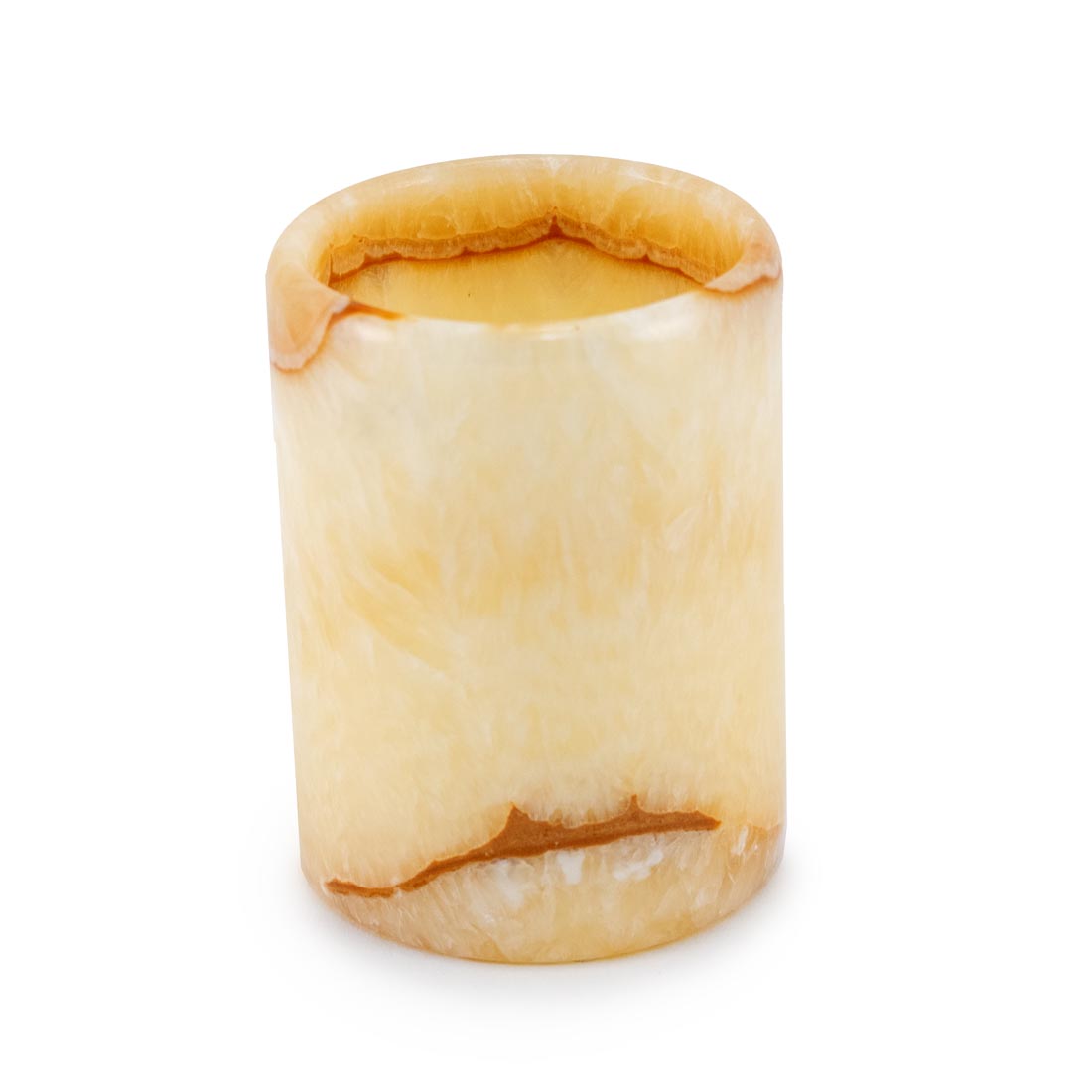 A beige, alabaster short straight vase made of yellow onyx, with a top opening and a smooth, tapered shape.