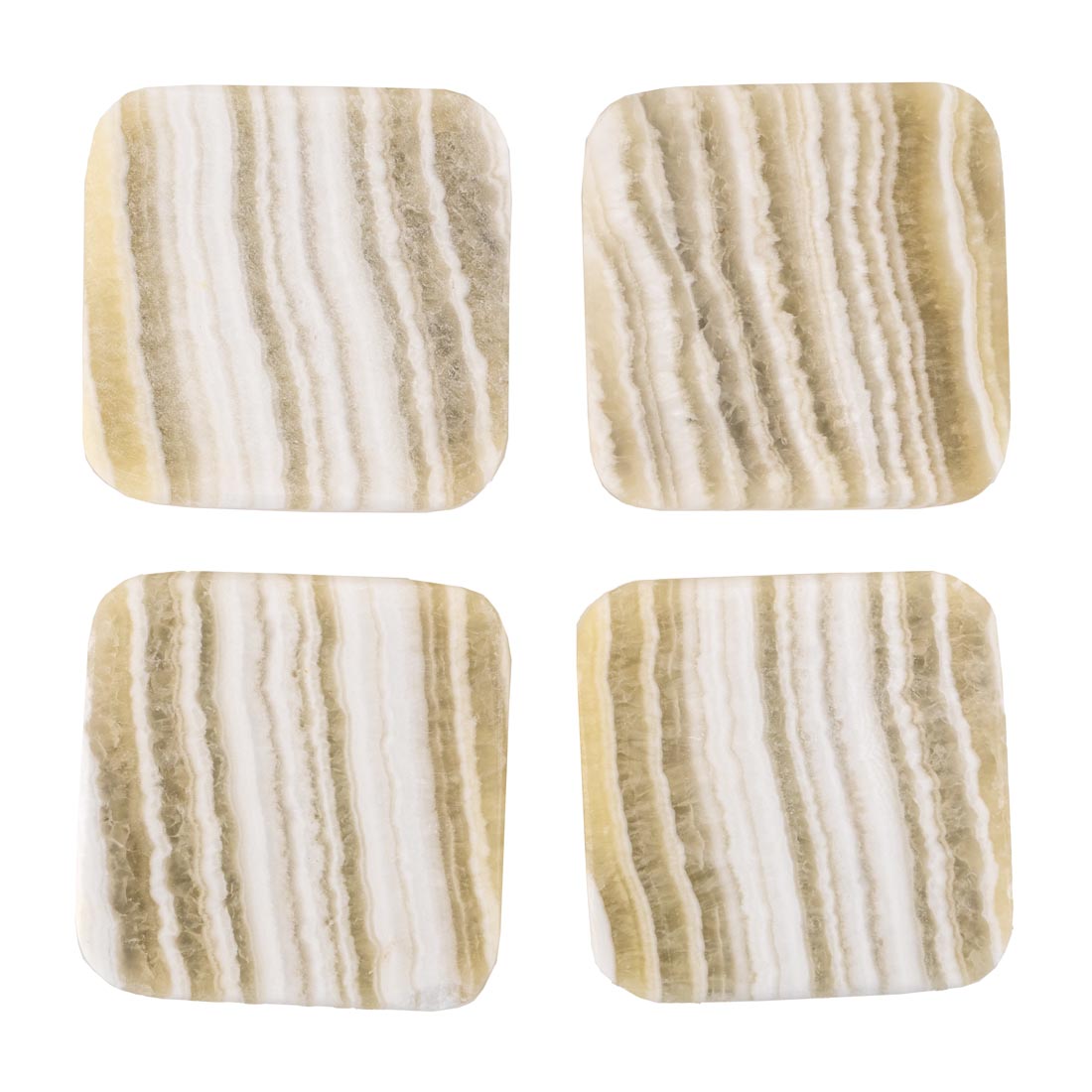 A set of four square alabaster coasters with variations in yellow and white colors.