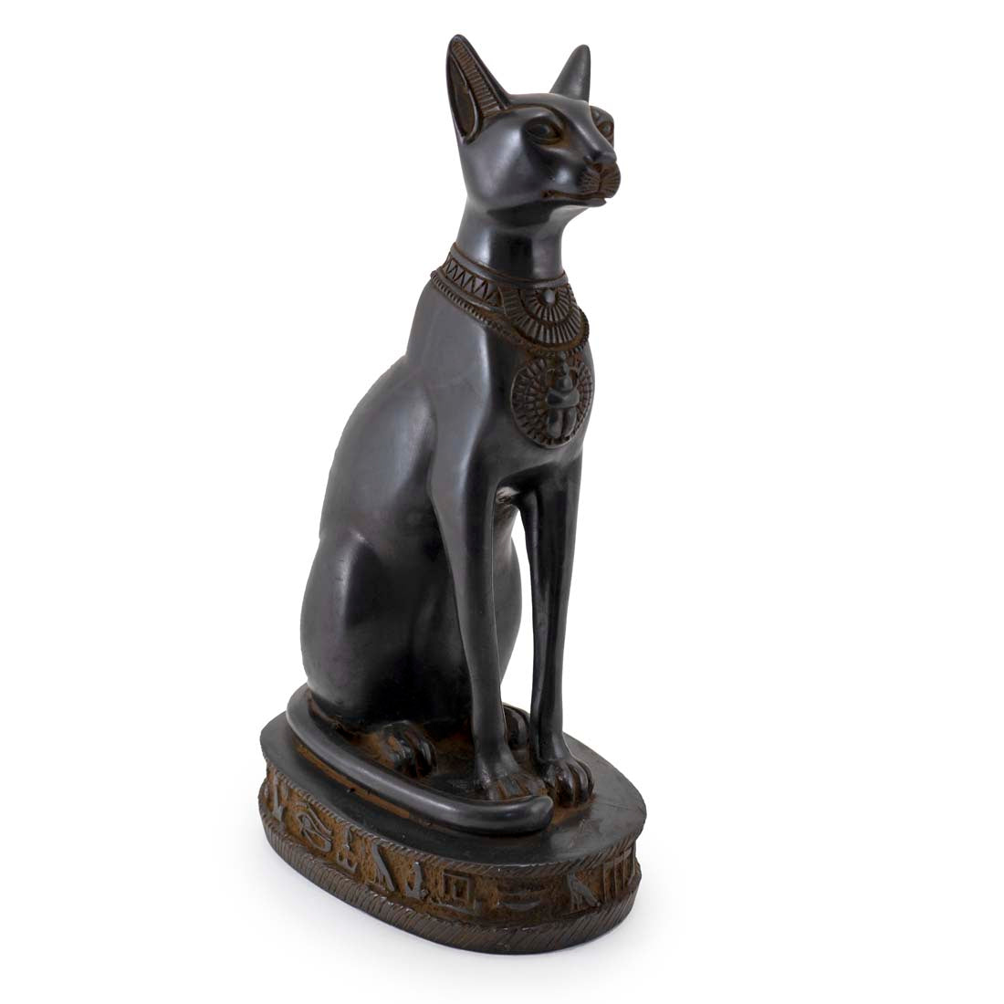 A statue of the ancient Egyptian cat goddess Bastet, seated with a hieroglyphic collar, on a decorative base.